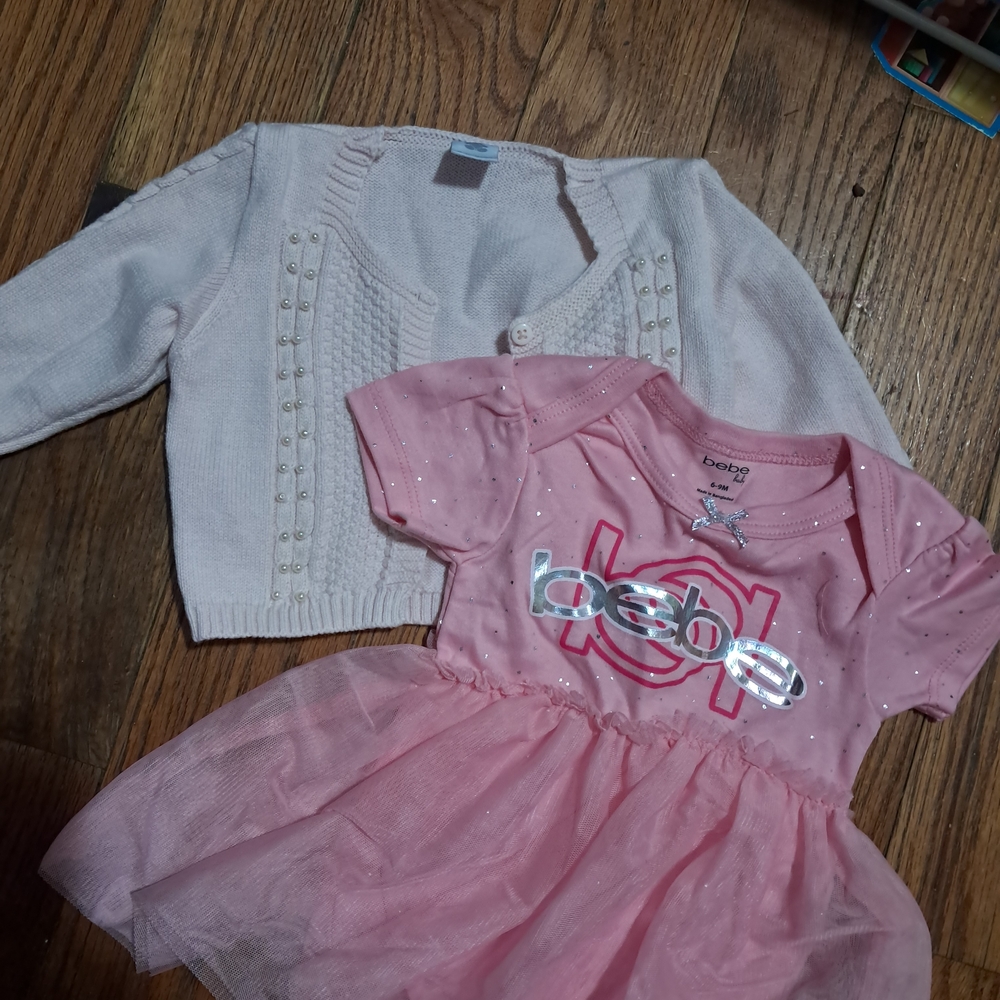 Bebe Sparkly Pink Dress with Cream Cardigan